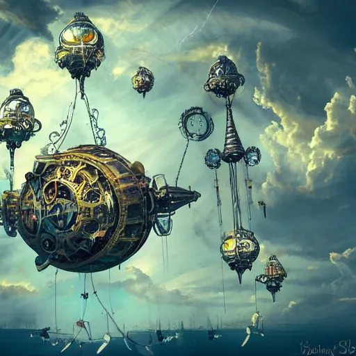Image similar to flying city in a mechanical flower, sky, fantasy art, steampunk, masterpiece