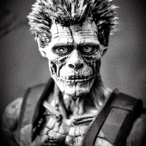 Image similar to grainy recovered photo of animatronic Willem Dafoe by Stan Winston studios trashed destroyed lying broken in a landfill post apocalyptic gloom discarded exposed inner machinery detailed