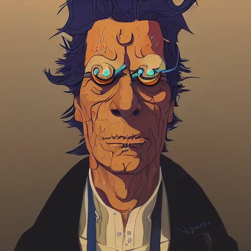 Image similar to westworld rick sanchez futurama portrait by charles vess and james jean and erik jones and rhads, inspired by ghost in the shell, beautiful fine face features, intricate high details, sharp, ultradetailed