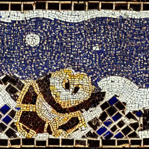 Prompt: Mimikyu roman mosaic excavation photos, archaeology, cinematic, mosaic, full color