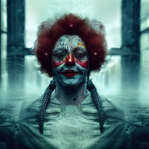 Image similar to Very very very very highly detailed epic central composition photo of Ronald McDonald face, intricate, dystopian, sci-fi, extremely detailed, digital painting, smooth, sharp focus, illustration, intimidating lighting, incredible art by Brooke Shaden, artstation, concept art, Octane render in Maya and Houdini