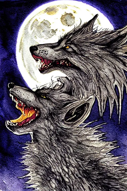 Image similar to one detailed werewolf howling at the moon, art by luis royo and walter crane and kay nielsen, watercolor illustration, ultra sharp focus, wot