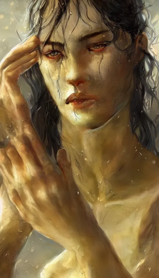 Image similar to epic masterpiece sadness, drama, sweaty skin, hyperrealistic, expressive, emotional, moody, back light, keylight, professional photography, octane render, cinematic, beautiful face and flawless skin, perfect hands, 5 fingers, yellow by Edgar Maxence and Ross Tran and Michael Whelan and Lorenzo Sperlonga, Brom, Legends of Runeterra