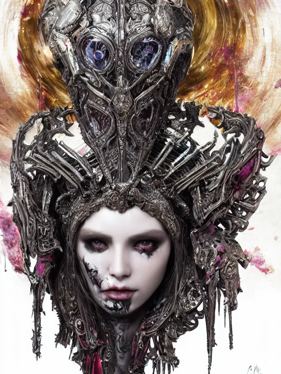 Image similar to portrait art of 8k ultra realistic undead vampire queen, ornate intricate smashed galaxy helmet , detailed intricate ornate armour,blade runner, cybernetic, full of colour, cinematic lighting, battered, trending on artstation, 4k, hyperrealistic, focused, extreme details,unreal engine 5, cinematic, masterpiece, art by ayami kojima, giger