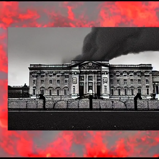 Image similar to photography of Buckingham palace collapsing in flames and dark smoke, VFX, cinematic, rule of thirds, golden ratio, evening