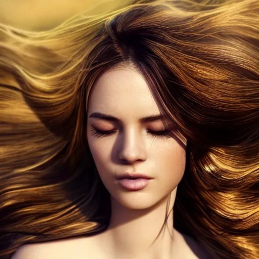 Image similar to a very beautiful still of a beautiful brown - haired woman with her head leaning backwards, golden, eyes closed, front shot, very close - up, hyper detailed, high contrast, bokeh background, realistic, digital art by irakli nadar, sharp focus, golden, delicate, sunlight, dark background, 4 k