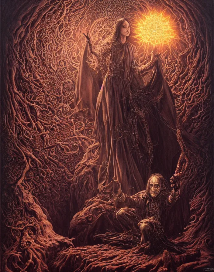 Image similar to highly detailed portrait of a dark mage casting a spell by alex grey, patrick woodroffe, mark ryden created by gustave dore and greg rutkowski, high detailed, smooth draw, synthwave neon retro, intricate, realistic proportions, dramatic lighting, trending on artstation