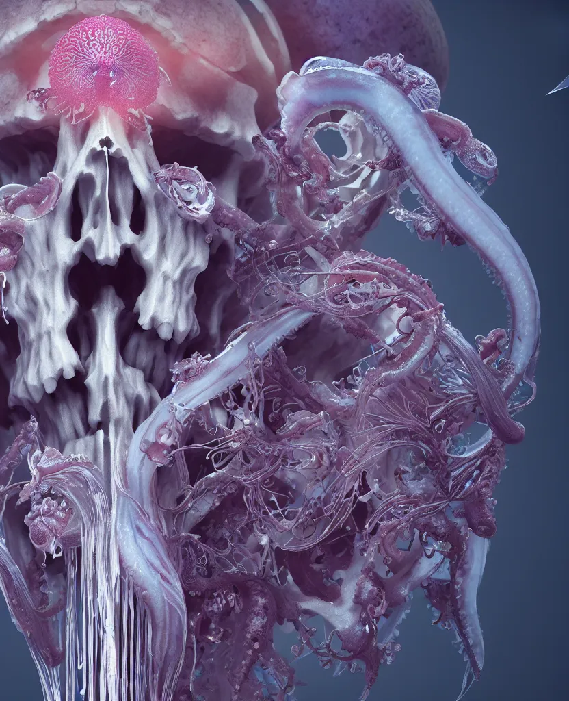 Image similar to symmetry!! goddess close - up portrait human skeleton, ram skull, squid phoenix jellyfish, orchid, betta fish, bioluminiscent, intricate artwork by tooth wu and wlop and beeple. octane render, trending on artstation, greg rutkowski very coherent symmetrical artwork. cinematic, hyper realism, high detail, octane render, 8 k