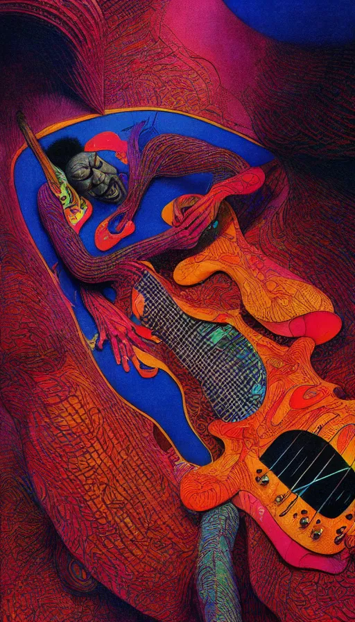 Prompt: colourful biomorphic opart, octane render 8 k, jimi hendrix playing guitar, pascal blanche, josh kirby, roger dean, giger, arthur rackham, moebius, syd mead, beksinski, greg hildebrandt, scifi, 8 k