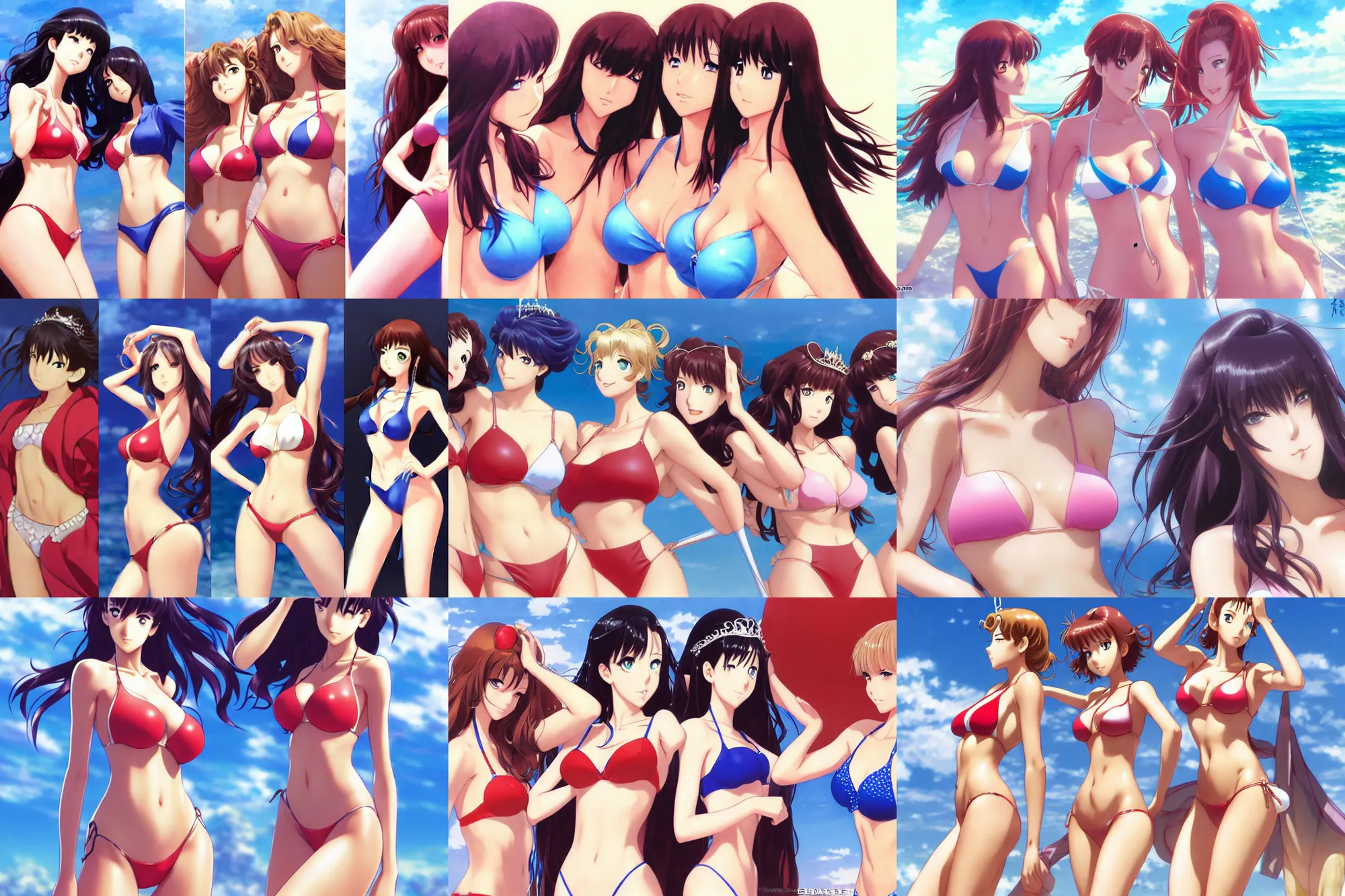 Prompt: close - up princesses posing together in bikini. by takashi takeuchi, yoshiyuki sadamoto, amagaitaro, makoto shinkai, krenz cushart, asao urata