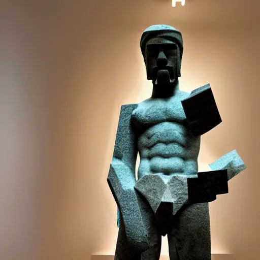 Prompt: a photography of a marble statue of steeve from minecraft at the louvres museum, f 2. 0, 4 k