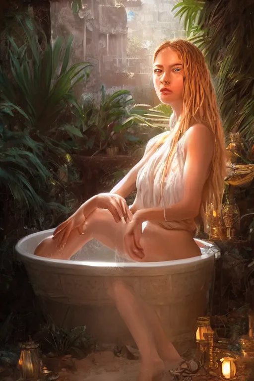 Image similar to portrait of bohemian girl in a white tub in the middle of tulum mexico jungle, staring directly into camera, intricate, elegant, glowing lights, highly detailed, digital painting, artstation, sharp focus, illustration, art by wlop, mars ravelo and greg rutkowski