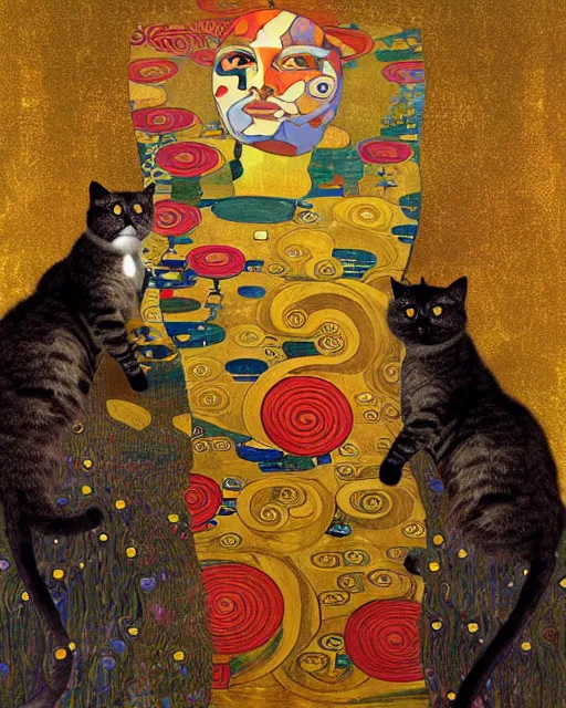 Image similar to gentleman cat portrait an oil painting splashes with many colors and shapes by gustav klimt greg rutkowski and alphonse mucha, polycount, generative art, psychedelic, fractalism, glitch art