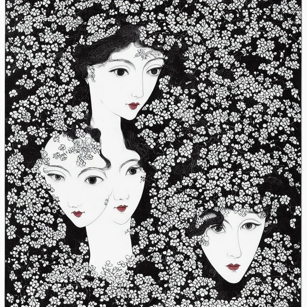 Image similar to , 4k, highly detailed, sharp focus 4k, highly detailed, sharp focus lithography by Aubrey Beardsley, symmetric portrait of one beautiful woman with flowers in her hair