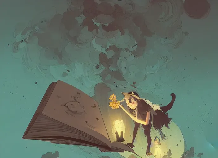 Image similar to highly detailed a little witch opening a book art by ghailan, james gilleard, by joe fenton, by greg rutkowski, by greg tocchini, by kaethe butcher, 4 k resolution, gradient yellow, black, brown and cyan color scheme, grunge aesthetic!!!