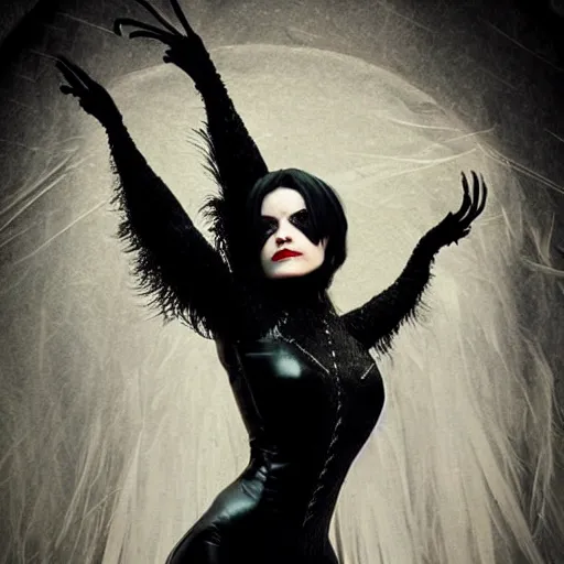 Image similar to dark swan queen, black hair, black feathers instead of hair, gothic, red lips, feathers growing out of skin, black fingers with black claws, bird feet, black bodysuit, disney villain, dark fae, moulting, suspended in zero gravity, on spaceship with cables hanging down, highly detailed, mucha