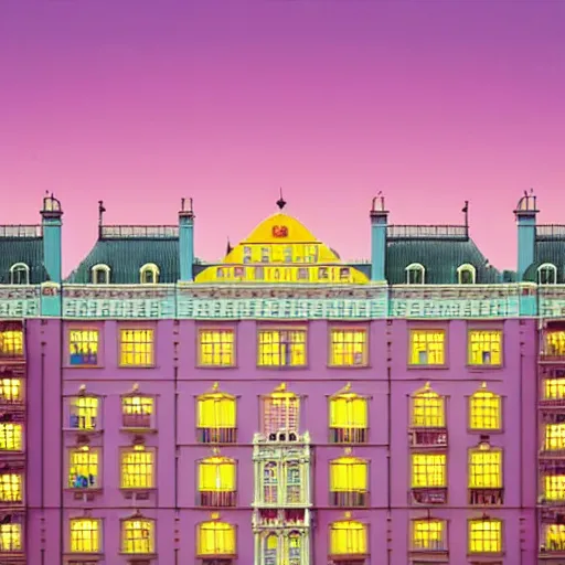 Image similar to Symmetric Wes Anderson film still in big city late at night. Establishing shot. Architecture. 8k resolution. Pastel. Sharp. Whimsical. Symmetry. Stunning.