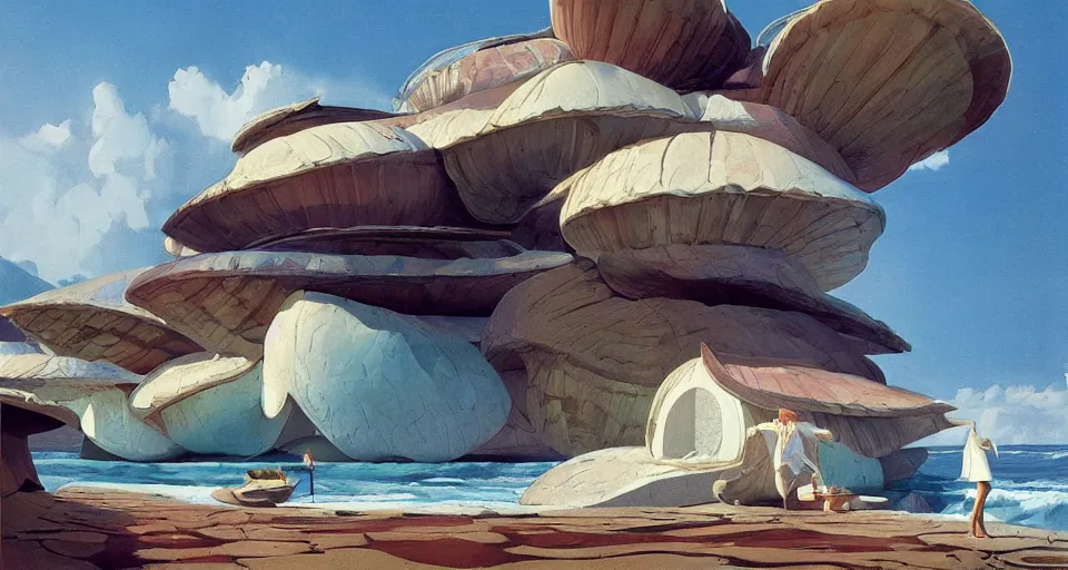 Prompt: clamshell seashell house where a hermit girl lives, atmospheric cinematography by syd mead