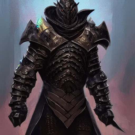 Image similar to digital art painting of a black dragonborn!!! wearing ( ( ( ( armored ) ) ) ) wizard robes!!!, dnd portrait painted by craig mullins and gaston bussiere and greg rutkowski