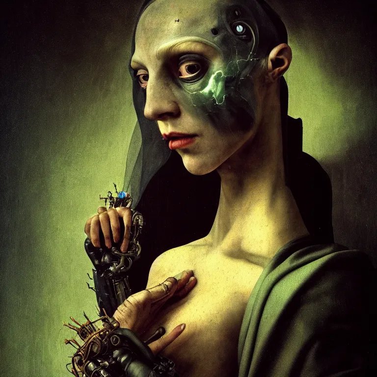 Image similar to beautiful portrait of cyborg witch by hieronymus bosch, soft grainy bloom lucid dream - like atmosphere, harsh flash photo, baroque portrait painting, perfect composition, detailed octane render trending on artstation, 8 k artistic photography, volumetric cinematic perfect light, chiaroscuro, masterpiece, raphael, caravaggio, beksinski, rutkowski, beeple