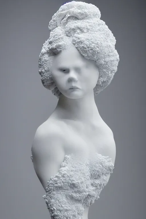 Image similar to full head and shoulders, beautiful female porcelain sculpture by daniel arsham and james jean, smooth, all white features on a white background, real reflective hair made from solid gold twisted on top of head, delicate facial features, white eyes, white lashes
