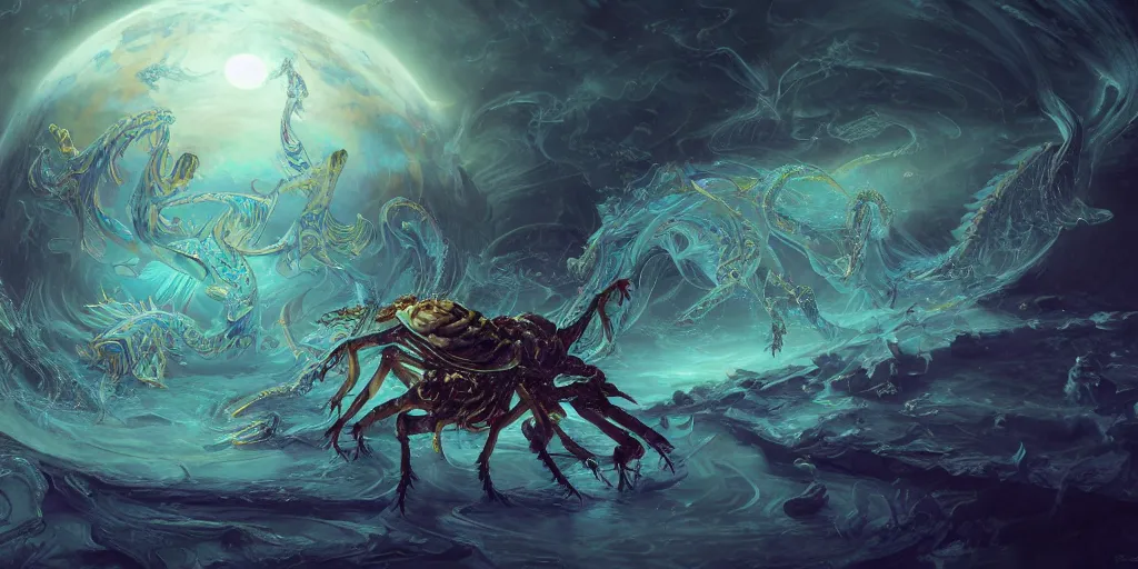 Prompt: concept art of translucent glowing cockroach dancing, big booty, flowy, melting, round moon, swirly clouds, very detailed, volumetric light, mist, fine art, textured oil over canvas, dragons, epic fantasy art, very colorful, ornate intricate scales, gold skulls, fractal gems, 8 k, hyper realistic, high contrast