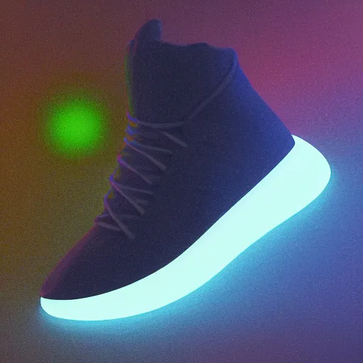 Image similar to high quality Octane 3D render of bioluminescent sneakers floating in space, emissive, bloom, volumetric, ray-tracing, bjork