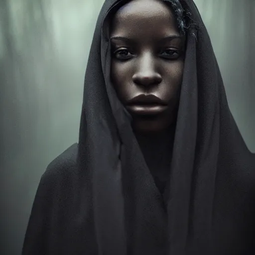 Image similar to a portrait of a young black woman wearing a long dark cloak, hood and shadows covering face, anatomically correct, beautiful perfect face, enigmatic, oil painting, matte painting, black background, Volumetric dynamic lighting, Highly Detailed, Cinematic Lighting, Unreal Engine, 8k, HD, by Beksinski