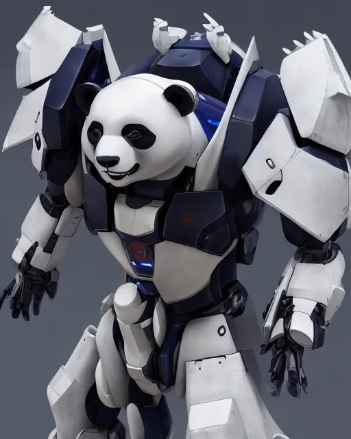 Image similar to futuristic panda mecha, azure details, panda armor, 8 k hd resolution, barbatos gundam, bandai box art, zoids, makoto kobayashi, frank gehry, raymond swanland, unreal engine 5, octane render, cgi,