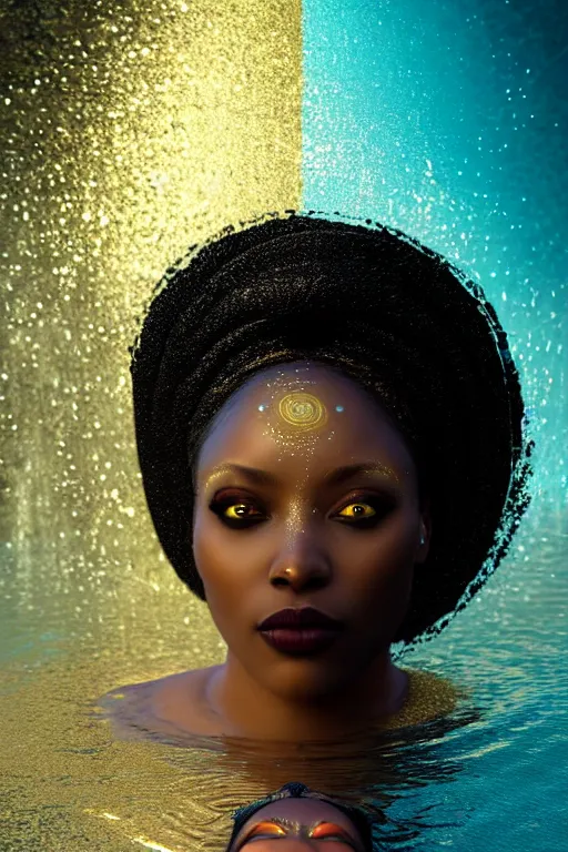 Image similar to hyperrealistic magic realism cinematic very beautiful! black oshun goddess with white! iris, in water, yoruba body paint, mirror dripping droplet!, gold flowers, highly detailed face, digital art masterpiece, smooth robert steven connett eric zener dramatic teal light, ground angle uhd 8 k, sharp focus