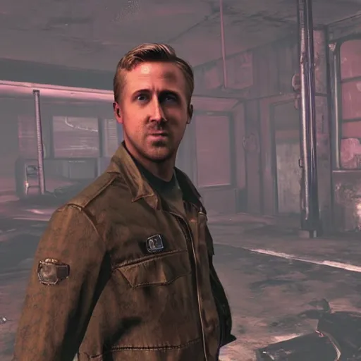 Prompt: ryan gosling in fallout 4 in a slave cage