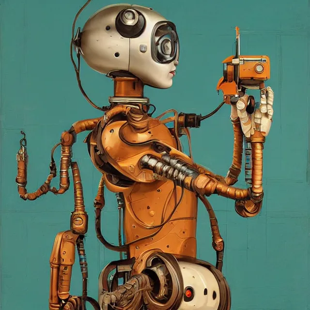 Prompt: robot artist painting a self - portrait on a canvas. intricate, highly detailed, digital matte painting, in the style of alexandros pyromallis, and in the style of sachin teng, and in the style of hans thoma, and in the style of gil elvgren. irony, recursion, inspiration, art deco.