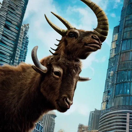 Image similar to a horned goat in a cityscape, intricate, futuristic, ultra realistic, hyper detailed, cinematic, bold,