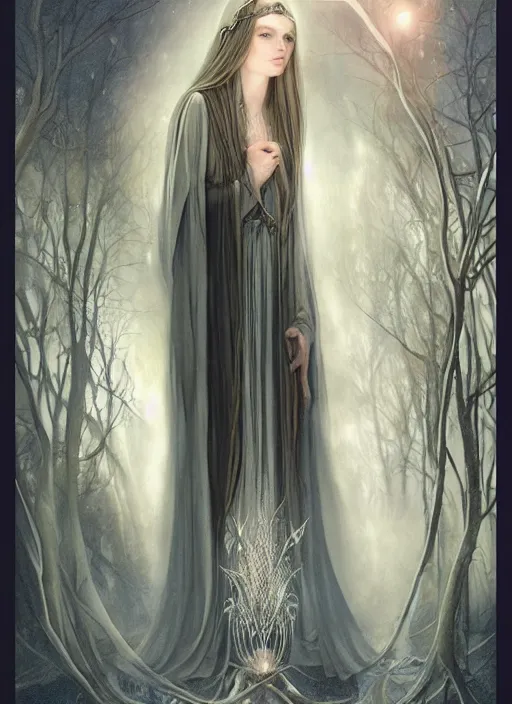 Prompt: galadriel of lothlorien, art by tom bagshaw and alan lee