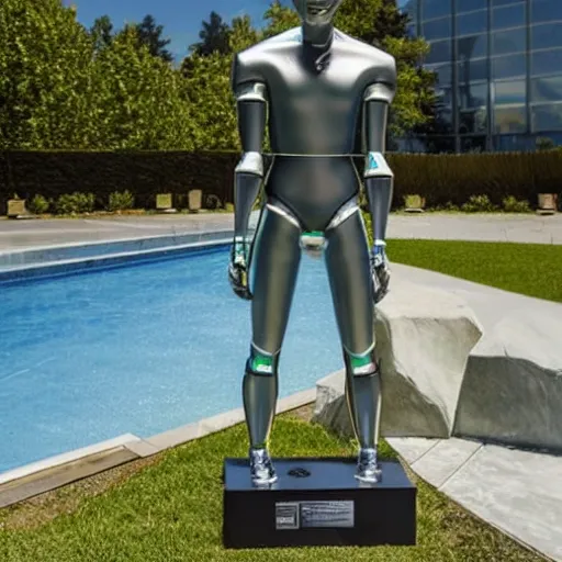 Image similar to a realistic detailed photo of a guy who is an attractive humanoid who is half robot and half humanoid, who is a male android, soccer player timo werner, shiny skin, posing like a statue, blank stare, by the pool, on display, showing off his muscles, humanoid robot, frozen ice statue, made of ice