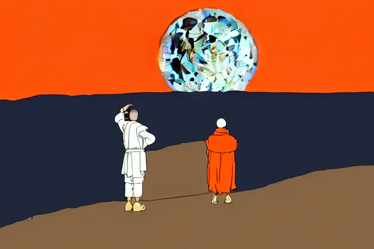 Prompt: a study of cell shaded cartoon of an android monk in an orange robe from howl's moving castle ( 2 0 0 4 ) on a desert road, in front of a big moon, full body, wide shot, very muted colors, post grunge, studio ghibli, highly detailed, deviantart, art by artgem