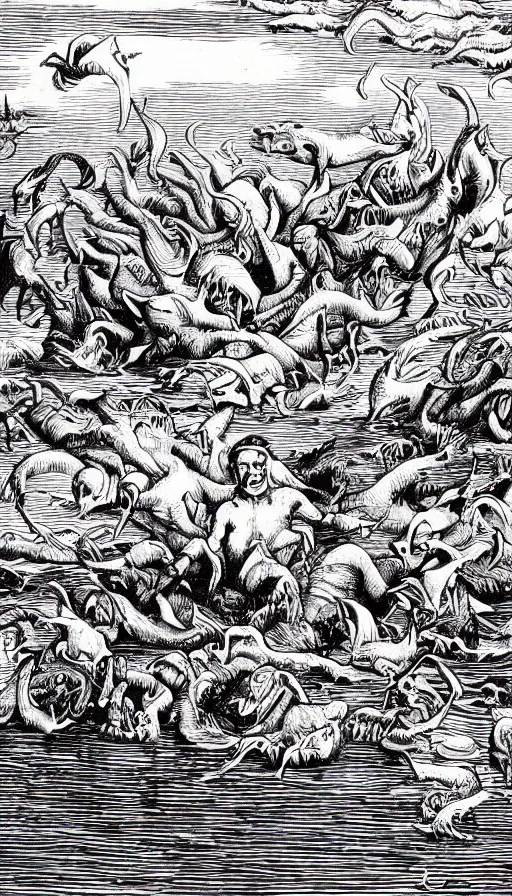 Prompt: man on boat crossing a body of water in hell with creatures in the water, sea of souls, by david eichenberg