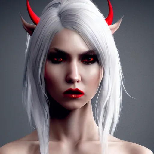 Image similar to a highly detailed portrait of a humanoid demon girl with white hair, red horns, in white clothes, artstation, deviantart, professional, unreal engine 5, photorealistic