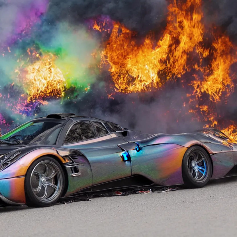 Prompt: close - up of an iridescent rainbow pagani huayra on fire after a big crash, 8 k, highly detailed, realistic, award winning, look at all that detail!