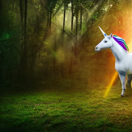 Image similar to white unicorn with rainbow tail, purple horn, electric blue eyes, in an amazonian jungle, golden hour, professional photography, mid dof, dynamic shadows, fantasy, cinematic lighting