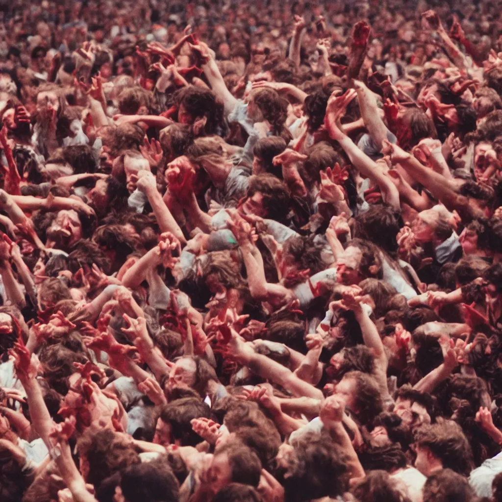 Prompt: medium close-up picture of a intense mosh pit during a 1980s rock concert with maroon red liquid being spelt all over the crowd, Cinestill 800t 18mm, heavy grainy picture, very detailed, high quality, 4k panoramic, HD criterion, dramatic lightning