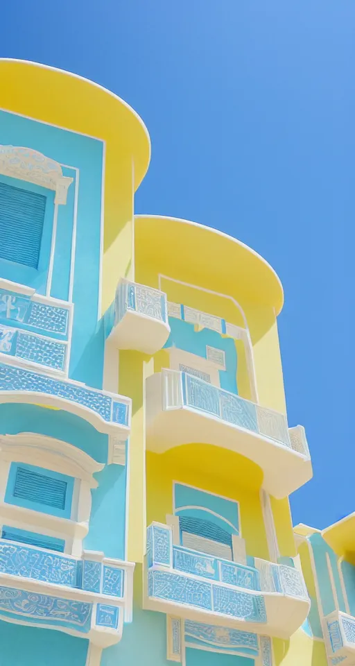 Prompt: pastel yellow turkish architecture in front of a light blue clear sky, beautiful, minimalistic, aesthetic, two tone, adult swim style