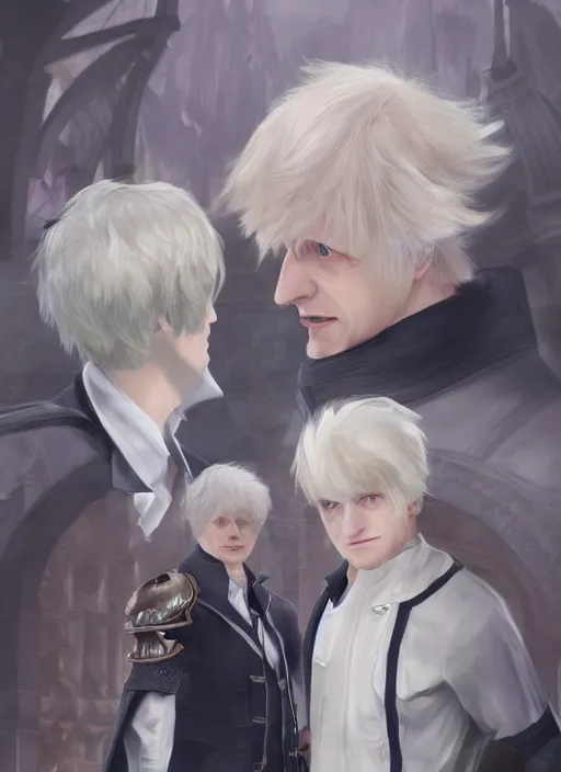 Image similar to Alphinaud Leveilleur meeting Boris Johnson in FF14, digital art