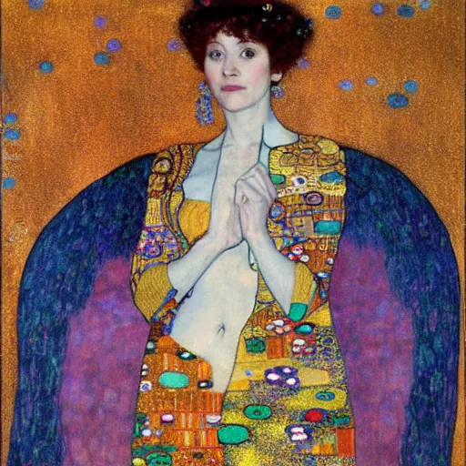 Prompt: An angelic woman with short red hair in light blue garbs by Gustav Klimt, ornate purple background, detailed
