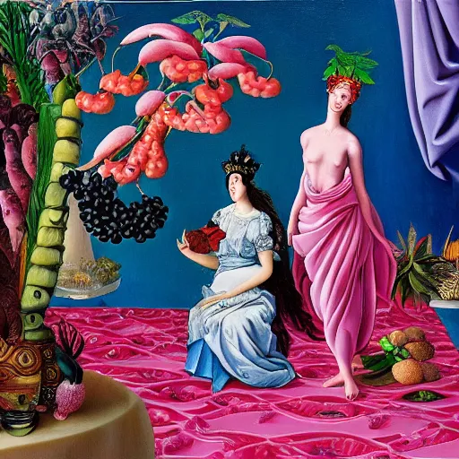 Prompt: a highly detailed oil painting of 2 pink dolphin queens ruling a cheese kingdom surrounded by exotic fruits and plants, surreal, 4 k, trending on art station, in the style of dali, boch, matisse caravaggio, comical