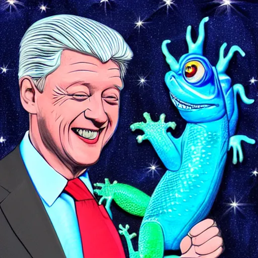 Image similar to president donald j clinton as a smiling laughing bright blue lizard person, airbrush painting, hyper detailed, 8 k, photorealism, rule of thirds, glitter.