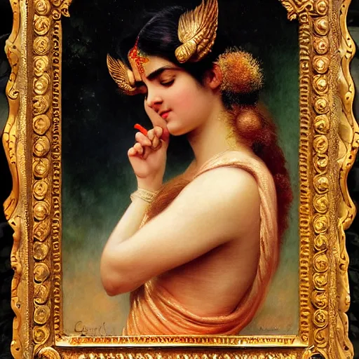 Image similar to detailed portrait of hindu traditional girl with wings high - tech vr headset in baroque painting, girl graceful, eyes closed, painting by gaston bussiere, craig mullins, j. c. leyendecker, lights, art by ernst haeckel, john william godward, hammershøi,,