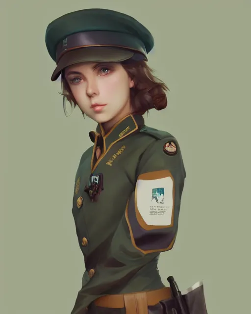 Image similar to young woman with shoulder length light brown hair and hazel eyes dressed in a sharp dark teal military uniform and beret, anime, ilya kuvshinov, greg rutkowski, guweiz, ross tran, loish, svetlana tigai, artgerm, artstation trending, concept art, digital painting