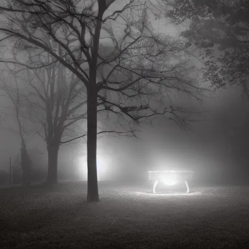 Image similar to a spooky haunted playground from the 1930's, back lit at night, volumetric lighting, mist, fog