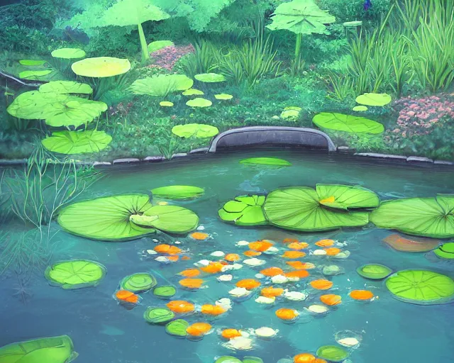 Prompt: koi pond, lotus flowers, dark blue water, green lily pads, goldfish, a fantasy digital painting by makoto shinkai and Alena Aenami, trending on artstation,